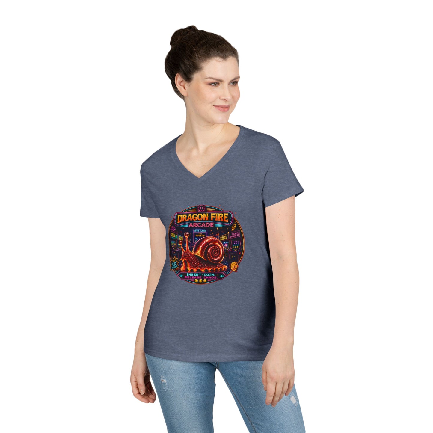 Dragon Fire Arcade Women’s V-Neck T-Shirt | Retro Gamer Snail Tee