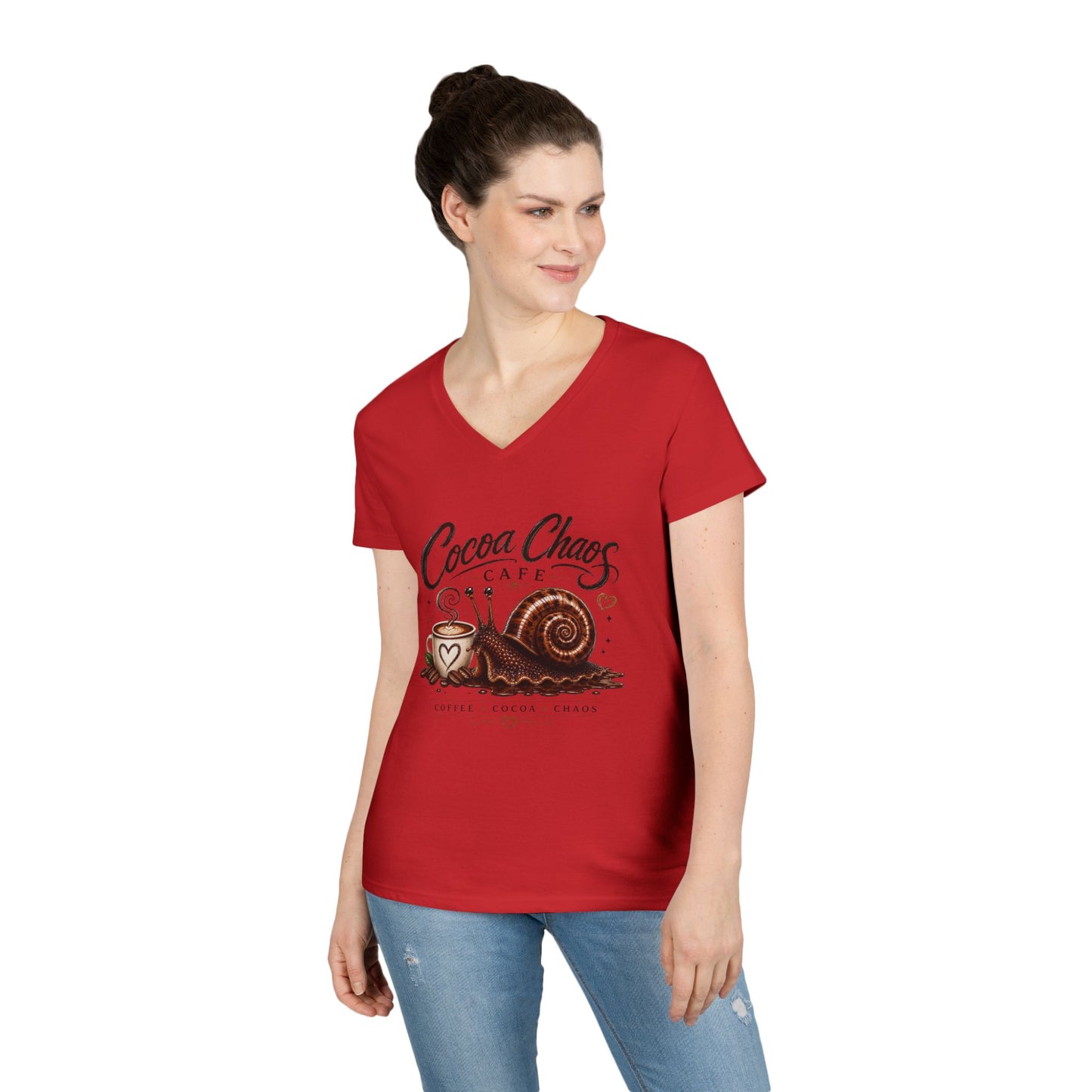 Cocoa Chaos Cafe | Women’s V-Neck Tee ☕🐌✨