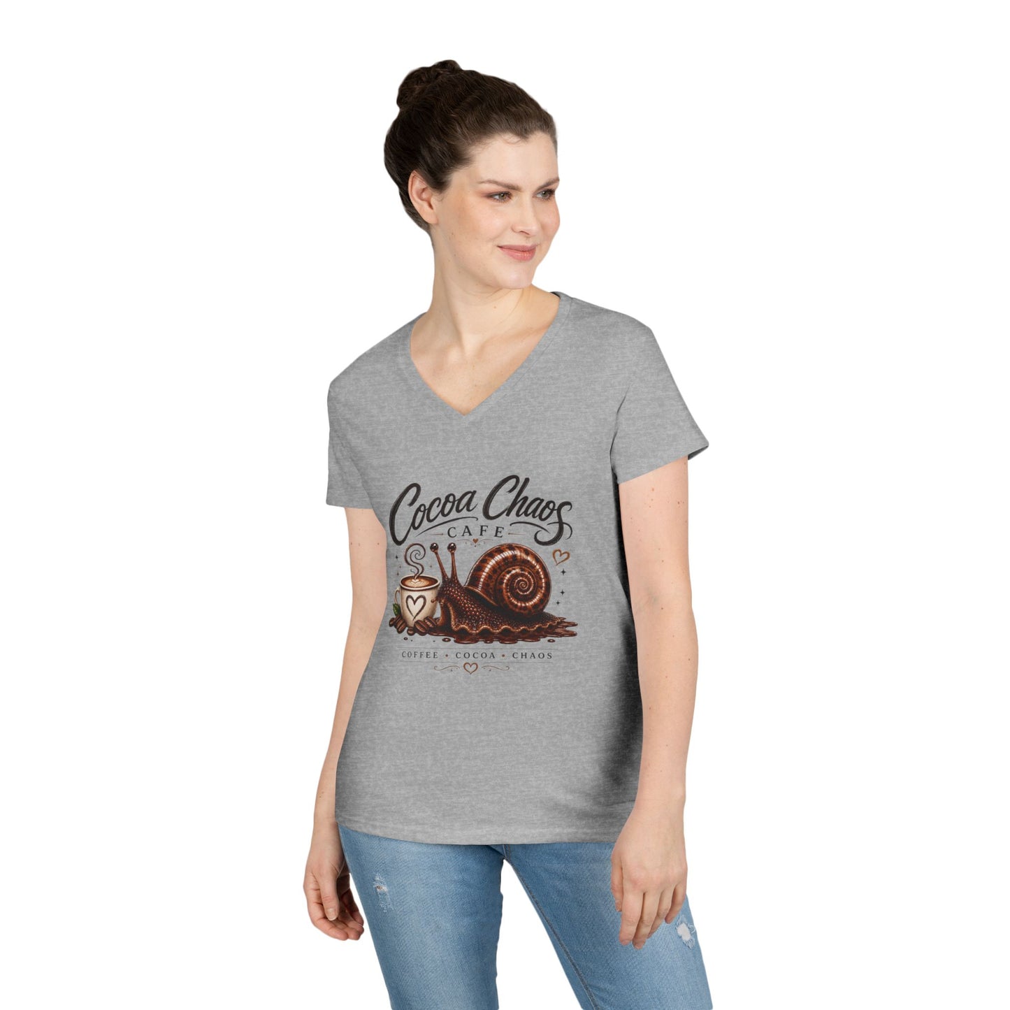 Cocoa Chaos Cafe | Women’s V-Neck Tee ☕🐌✨