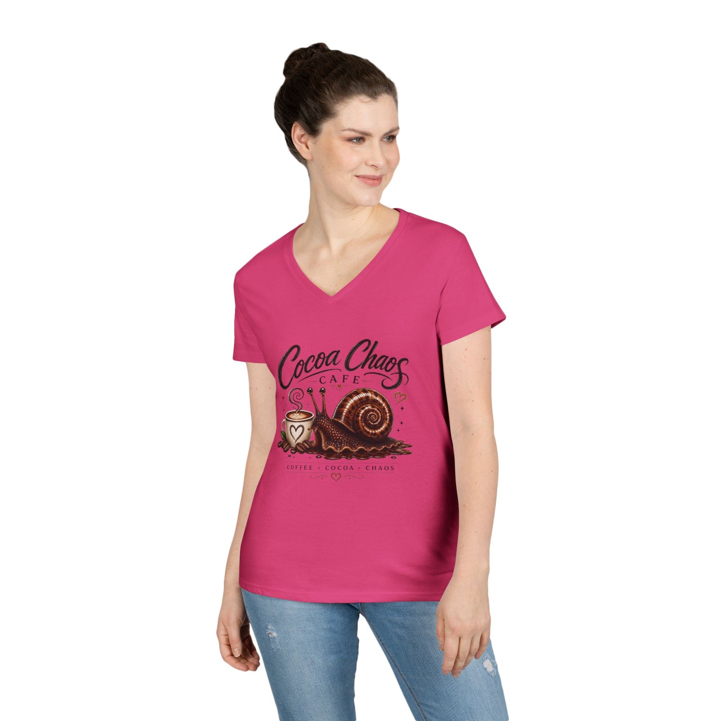Cocoa Chaos Cafe | Women’s V-Neck Tee ☕🐌✨