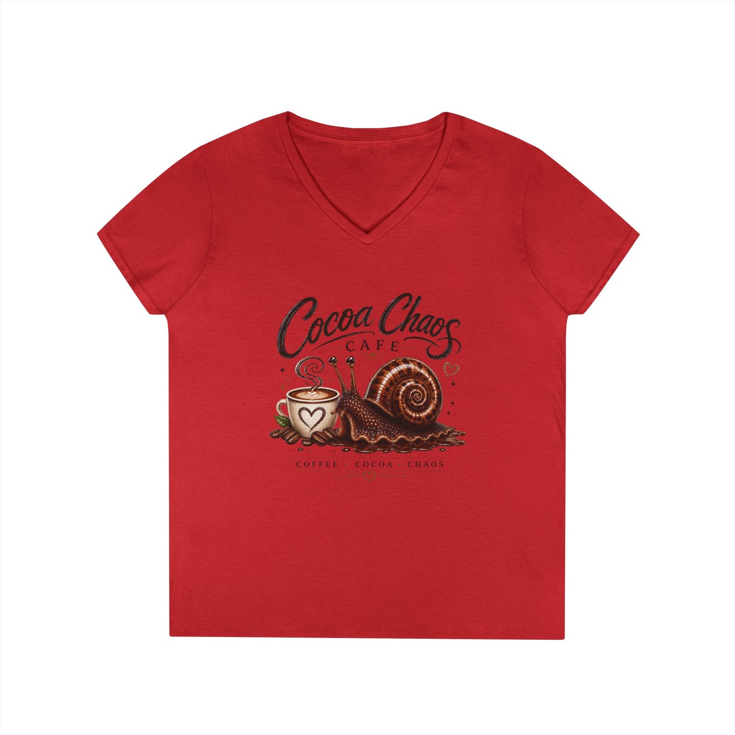 Cocoa Chaos Cafe | Women’s V-Neck Tee ☕🐌✨