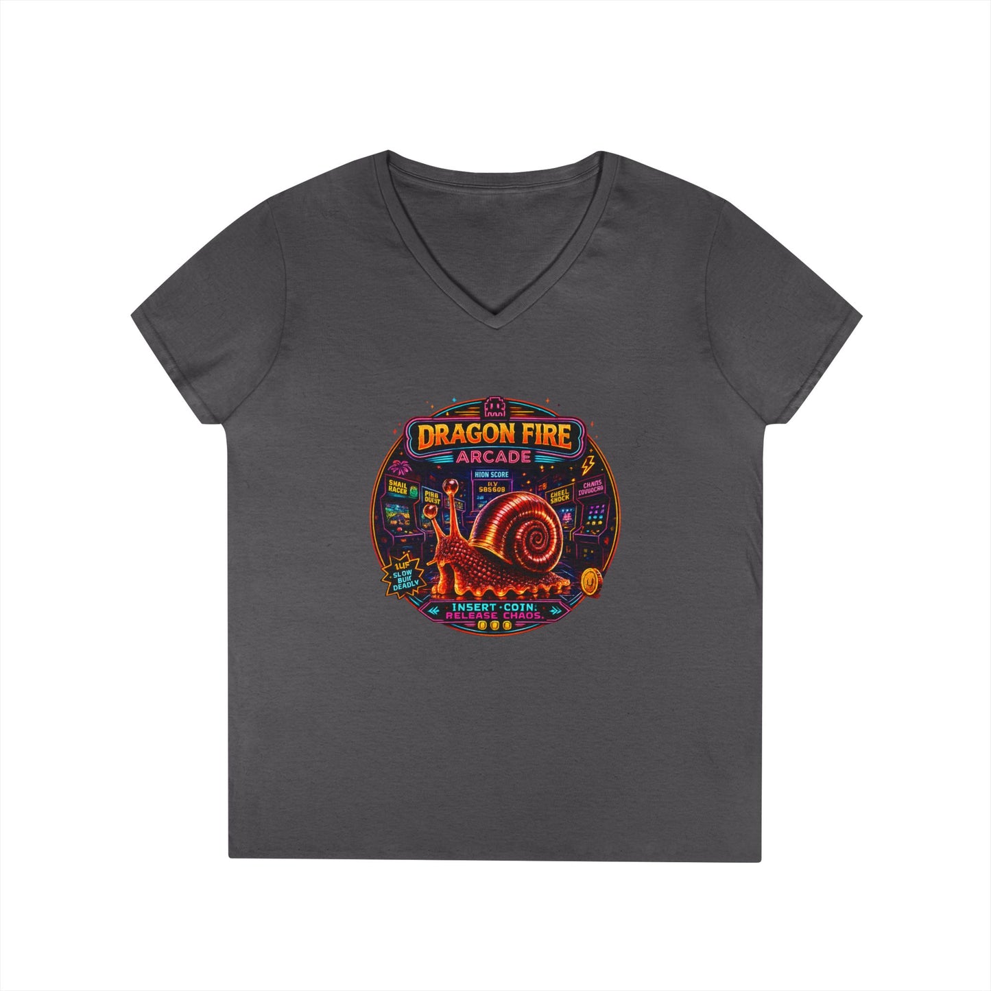 Dragon Fire Arcade Women’s V-Neck T-Shirt | Retro Gamer Snail Tee