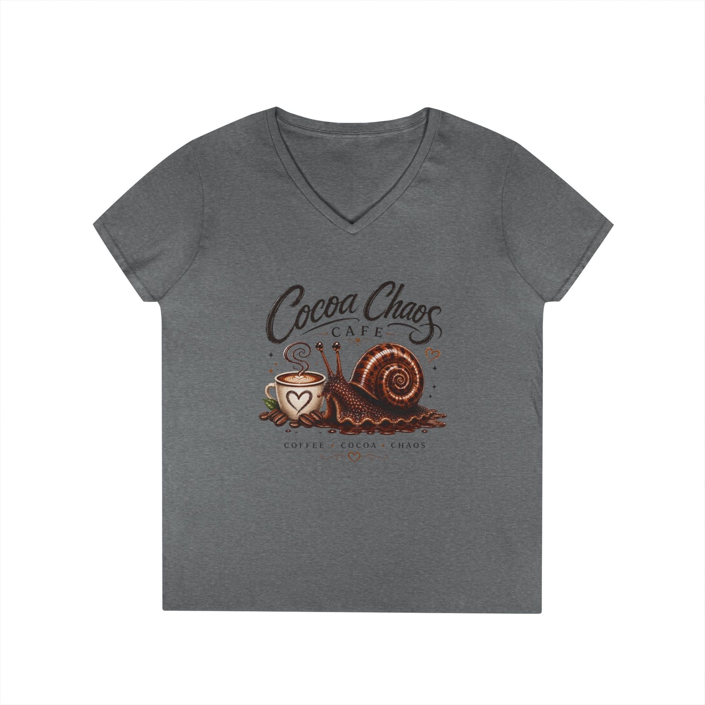 Cocoa Chaos Cafe | Women’s V-Neck Tee ☕🐌✨