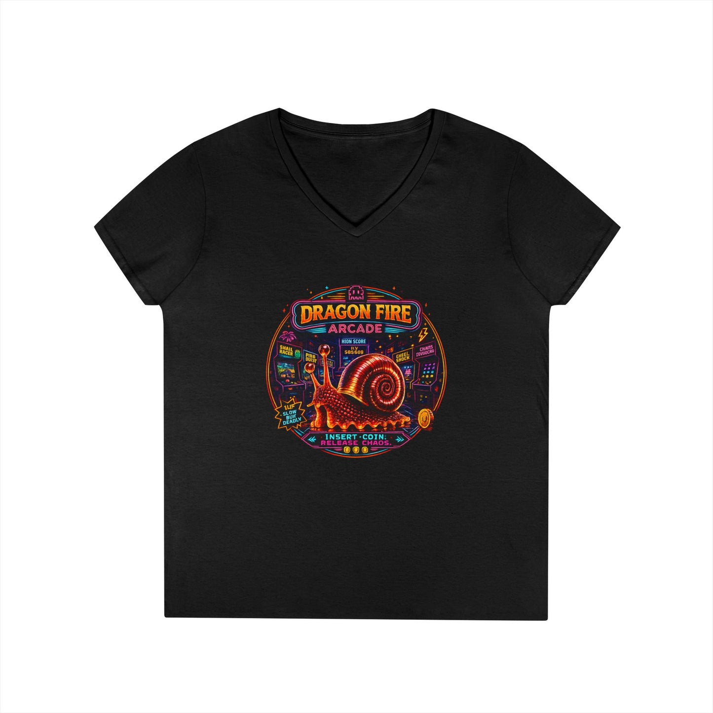 Dragon Fire Arcade Women’s V-Neck T-Shirt | Retro Gamer Snail Tee