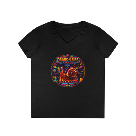 Dragon Fire Arcade Women’s V-Neck T-Shirt | Retro Gamer Snail Tee