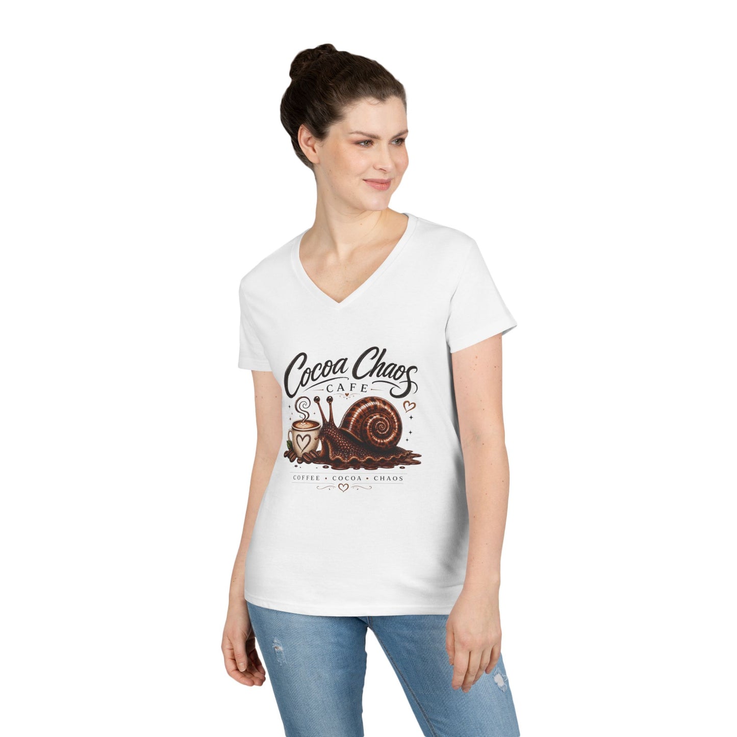 Cocoa Chaos Cafe | Women’s V-Neck Tee ☕🐌✨
