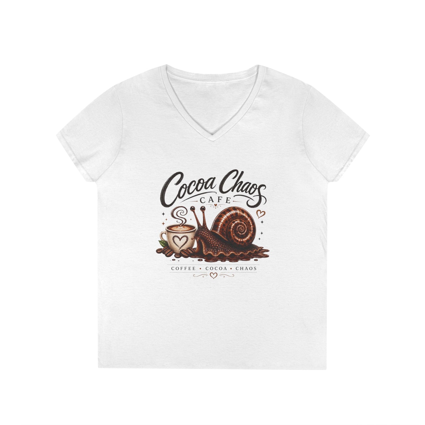 Cocoa Chaos Cafe | Women’s V-Neck Tee ☕🐌✨