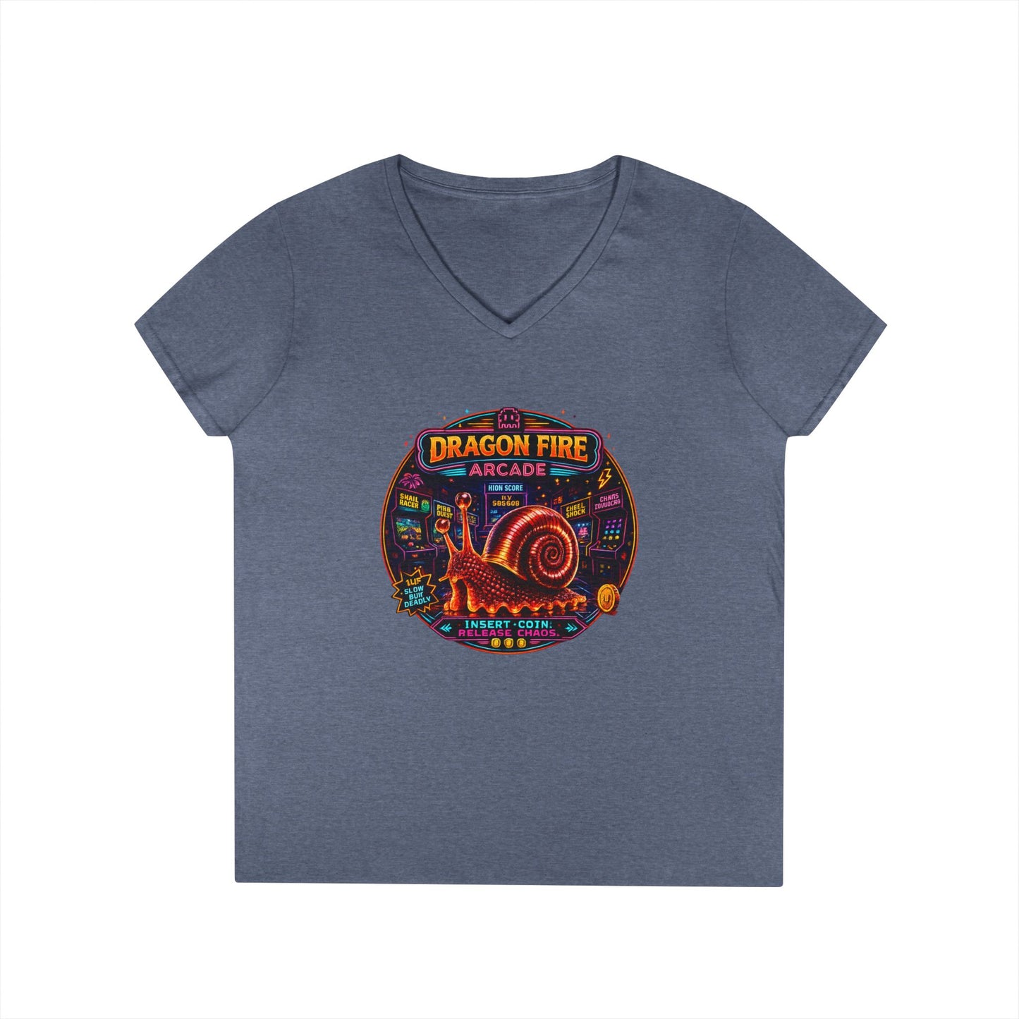 Dragon Fire Arcade Women’s V-Neck T-Shirt | Retro Gamer Snail Tee