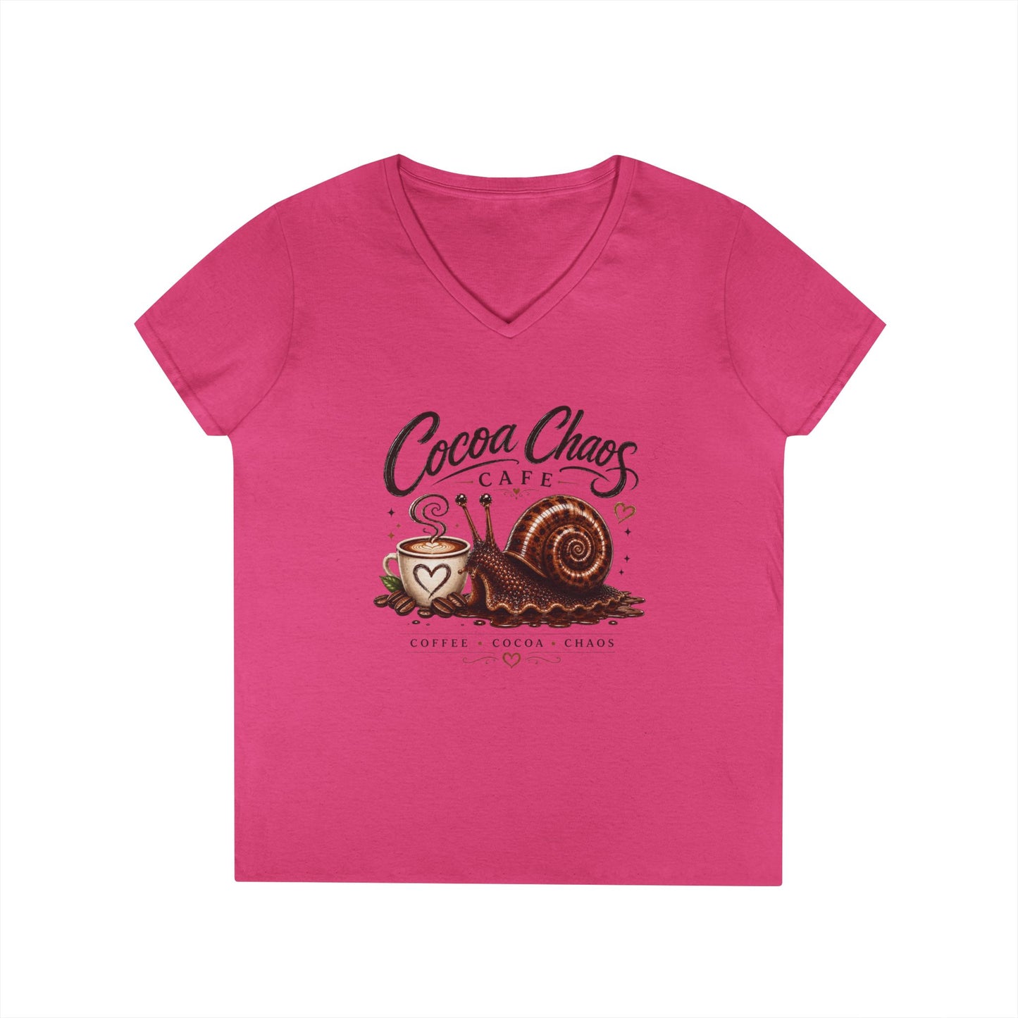 Cocoa Chaos Cafe | Women’s V-Neck Tee ☕🐌✨