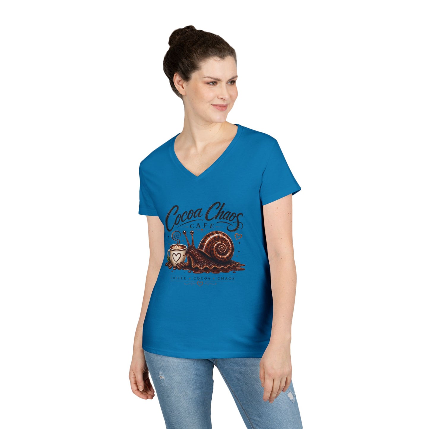 Cocoa Chaos Cafe | Women’s V-Neck Tee ☕🐌✨