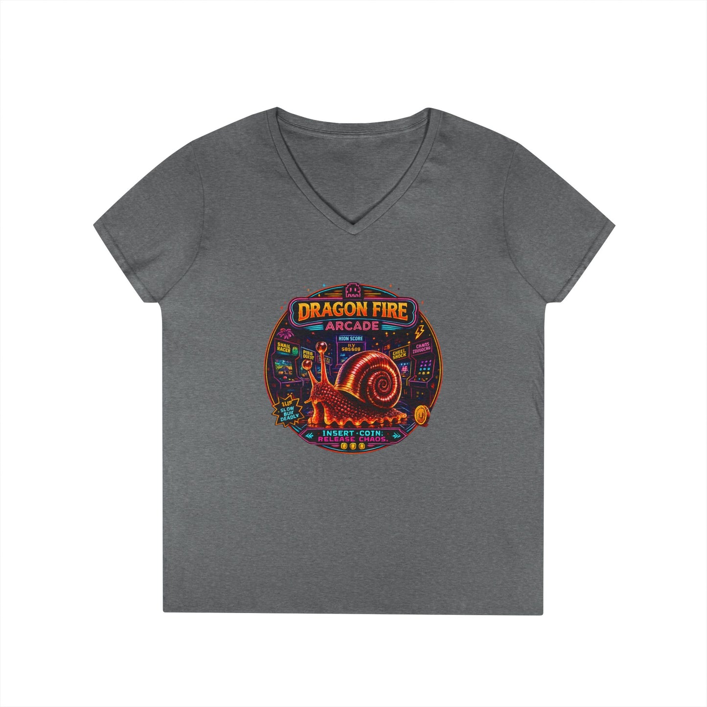 Dragon Fire Arcade Women’s V-Neck T-Shirt | Retro Gamer Snail Tee