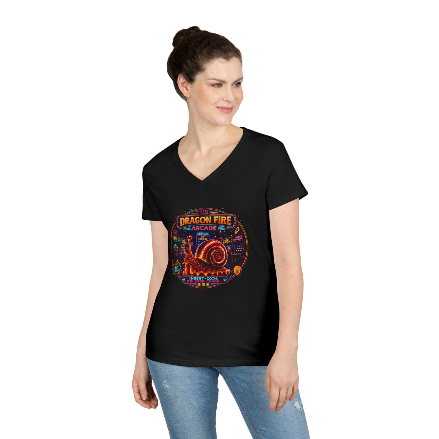 Dragon Fire Arcade Women’s V-Neck T-Shirt | Retro Gamer Snail Tee