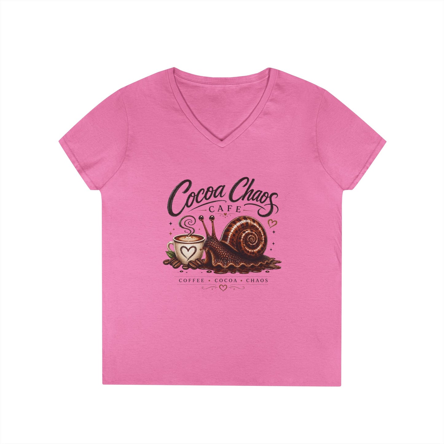 Cocoa Chaos Cafe | Women’s V-Neck Tee ☕🐌✨