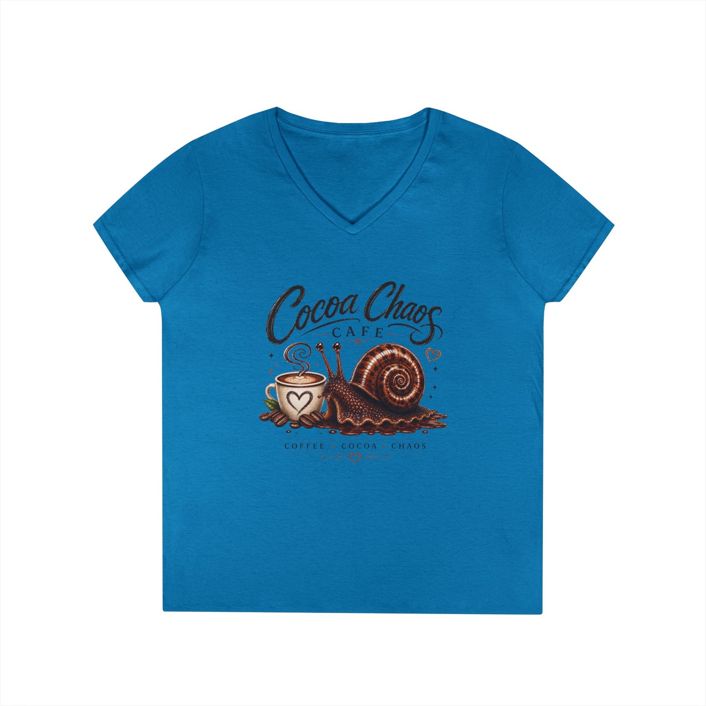 Cocoa Chaos Cafe | Women’s V-Neck Tee ☕🐌✨