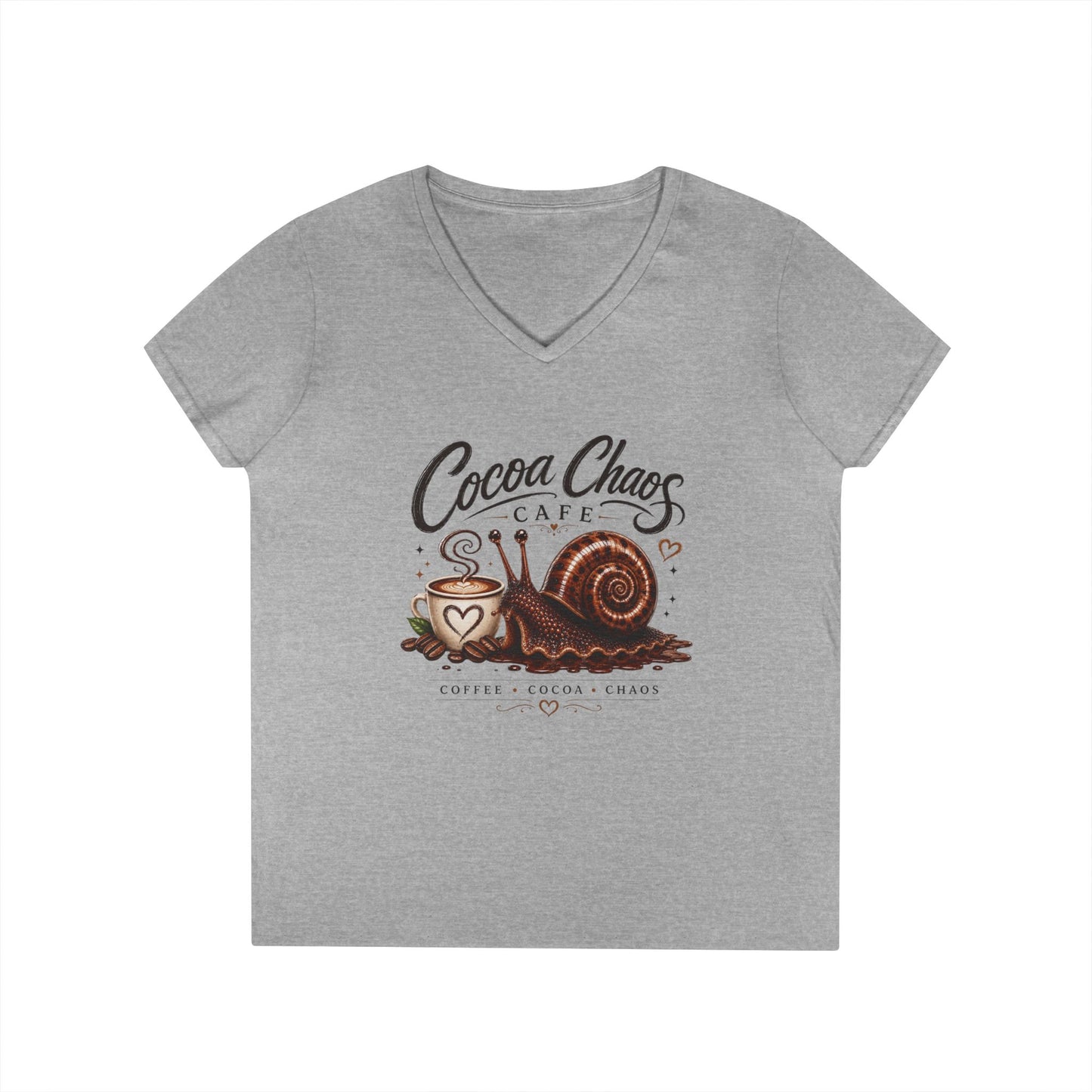 Cocoa Chaos Cafe | Women’s V-Neck Tee ☕🐌✨