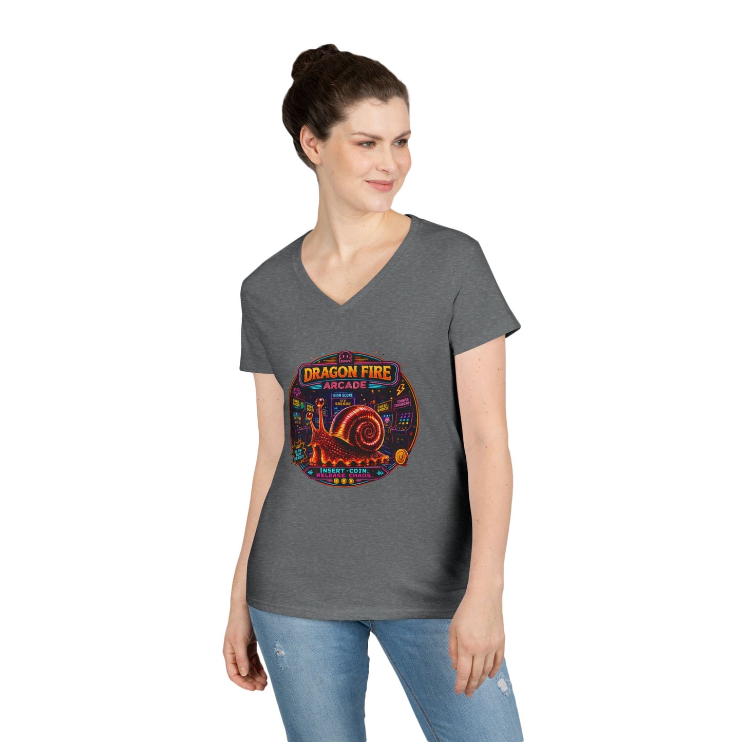 Dragon Fire Arcade Women’s V-Neck T-Shirt | Retro Gamer Snail Tee