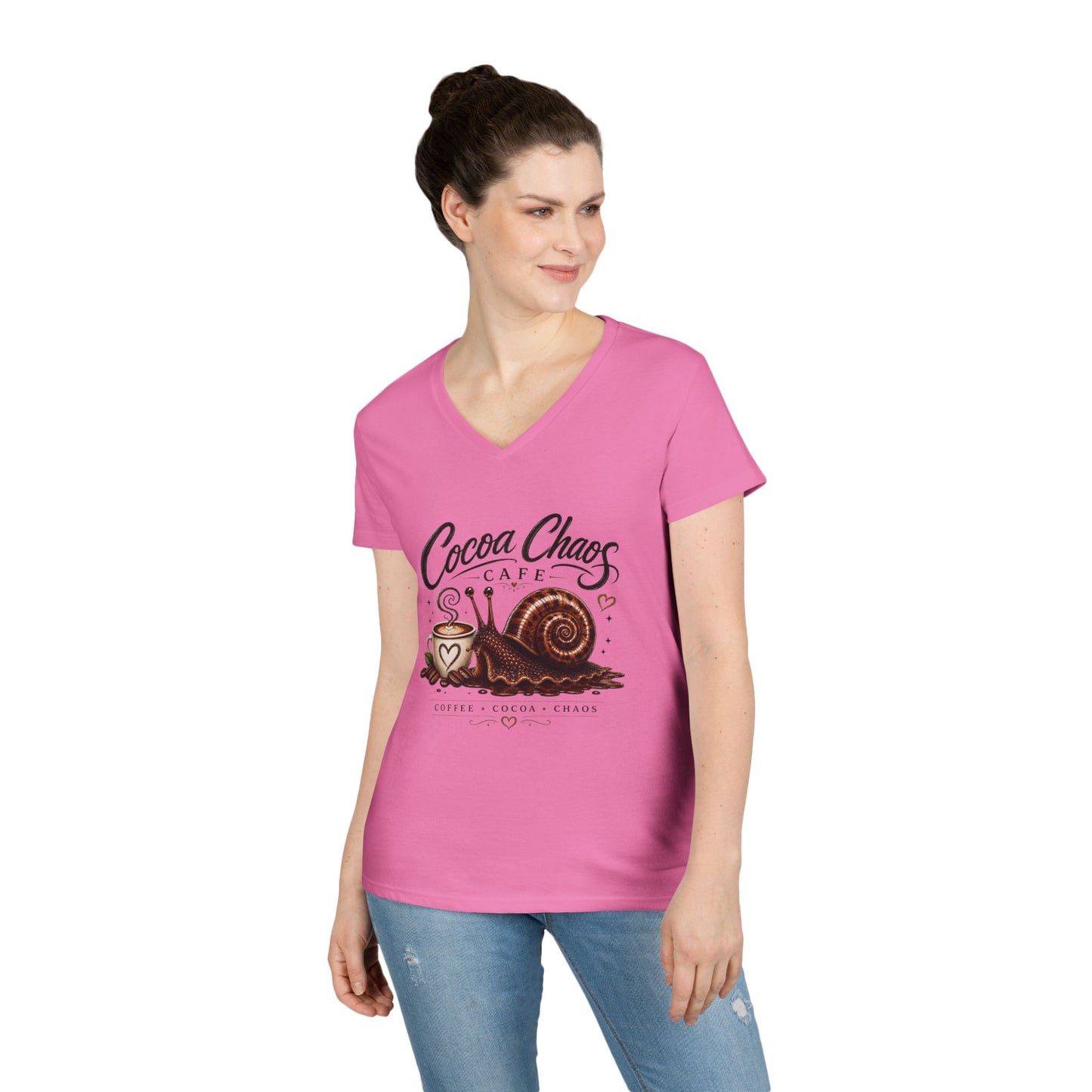 Cocoa Chaos Cafe | Women’s V-Neck Tee ☕🐌✨
