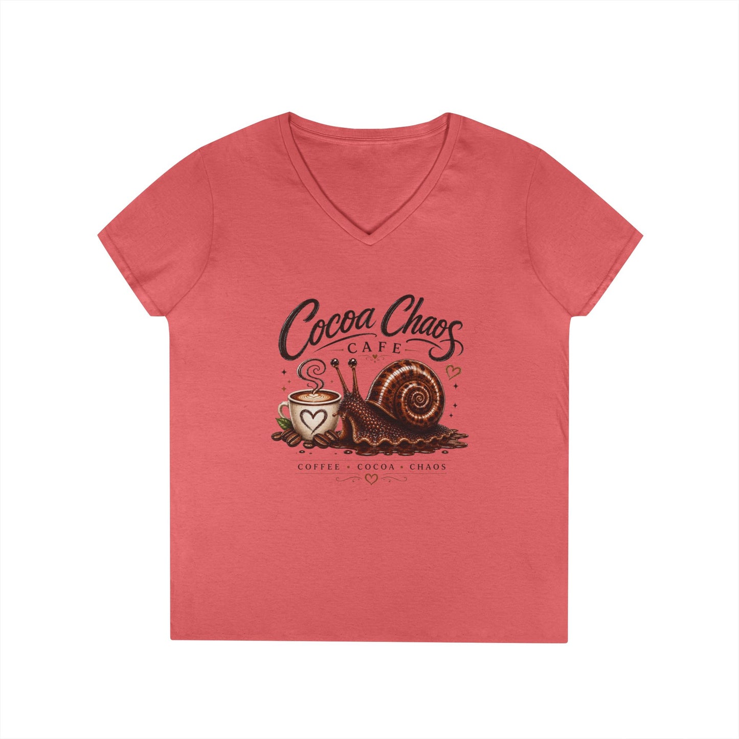 Cocoa Chaos Cafe | Women’s V-Neck Tee ☕🐌✨